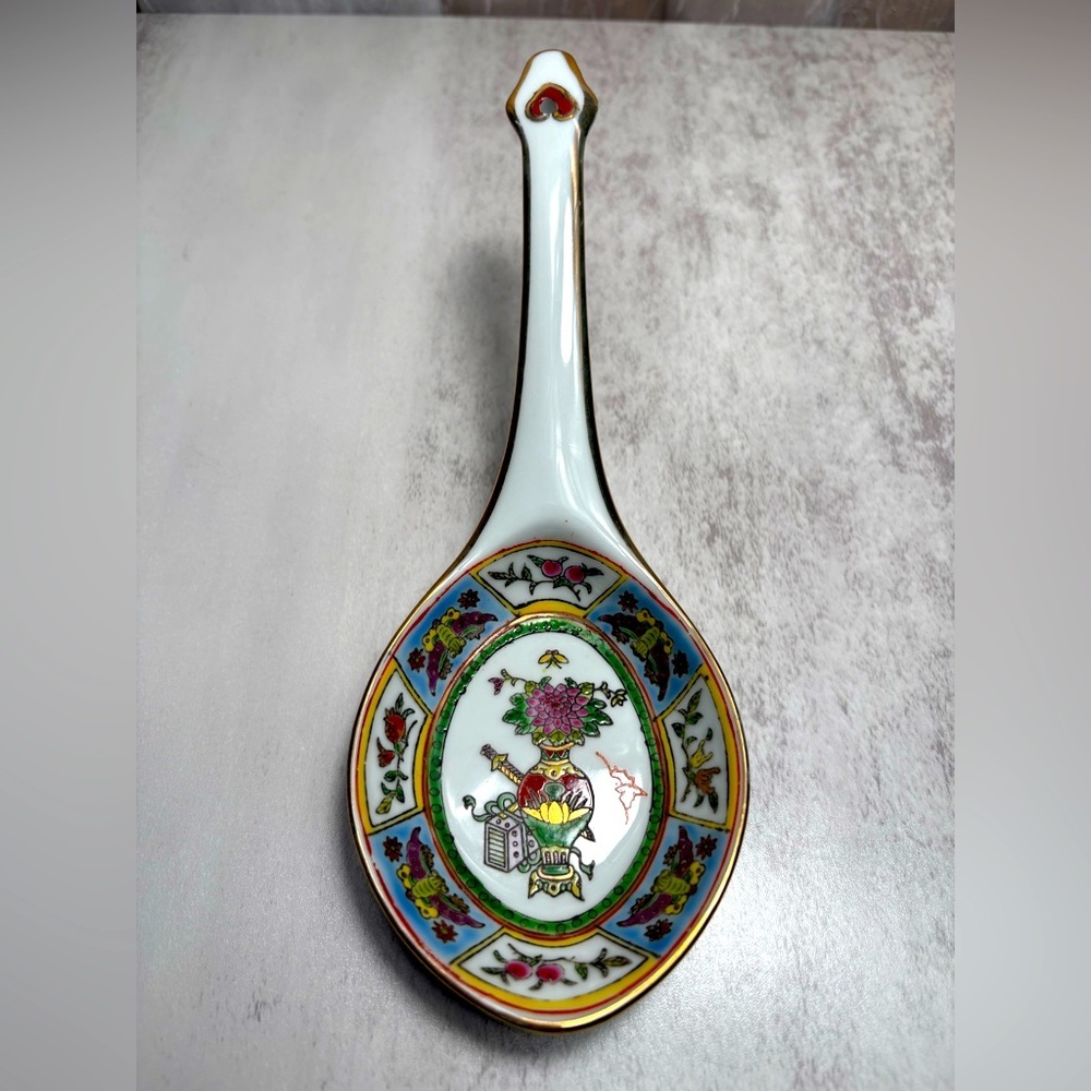 Vintage 1960’s Jingedezhen Porcelain Famille Rose Serving Spoon w/Floral Design
